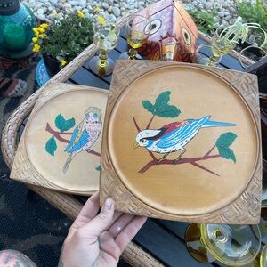 1950s wooden crosshatch carved plaques with hand painted birds.